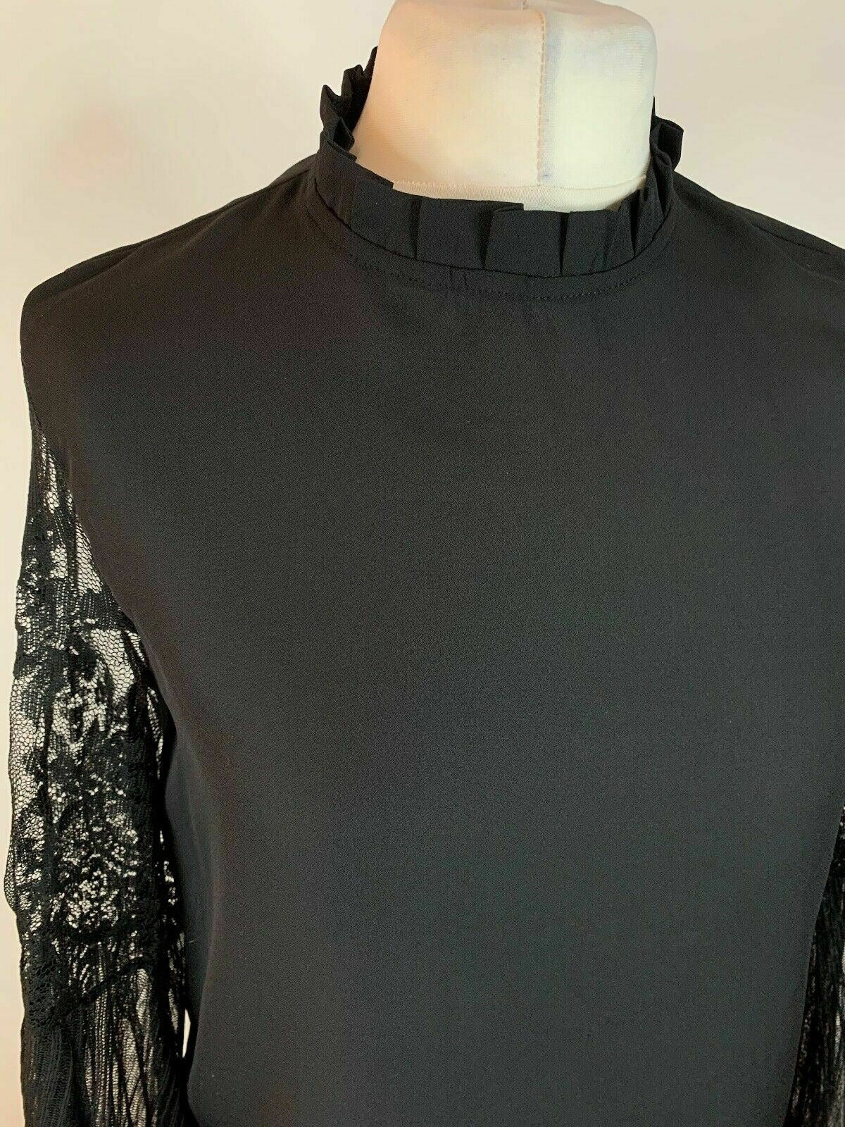 SHEIN Black Shell Top Lace Sleeve Frill Neck Size S 8 Balloon Sleeve - BB Fashion Outlet