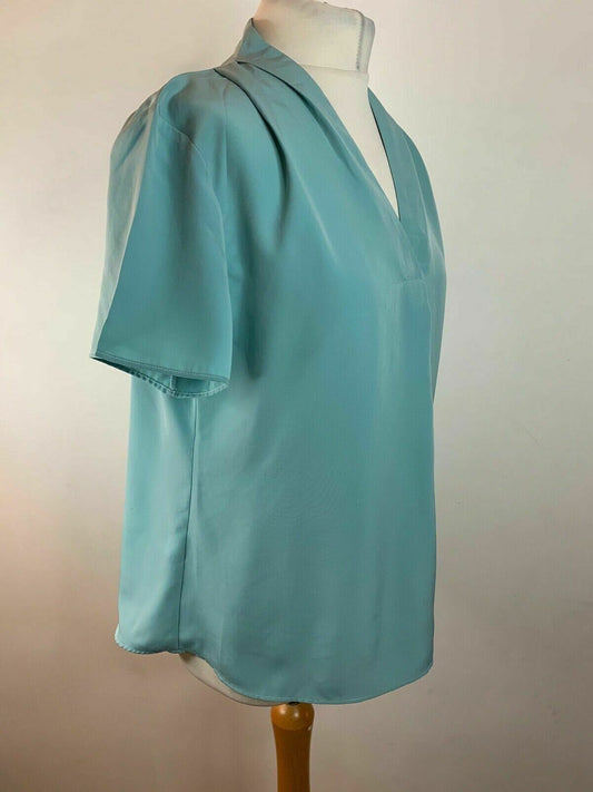 SIMON JERSEY Pleat Shoulder V-Neck Blouse, Aqua Size 12