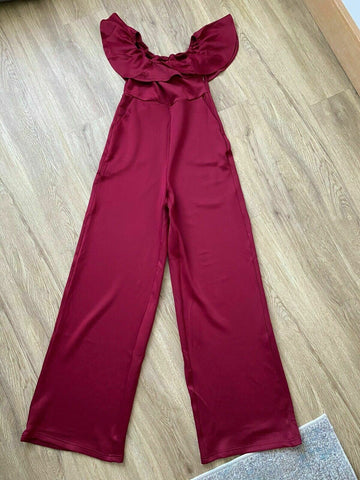 ROMWE Off the shoulder Jumpsuit Burgundy Frill Size S 8 UK Wide Leg - Beagle Boutique Fashion Outlet