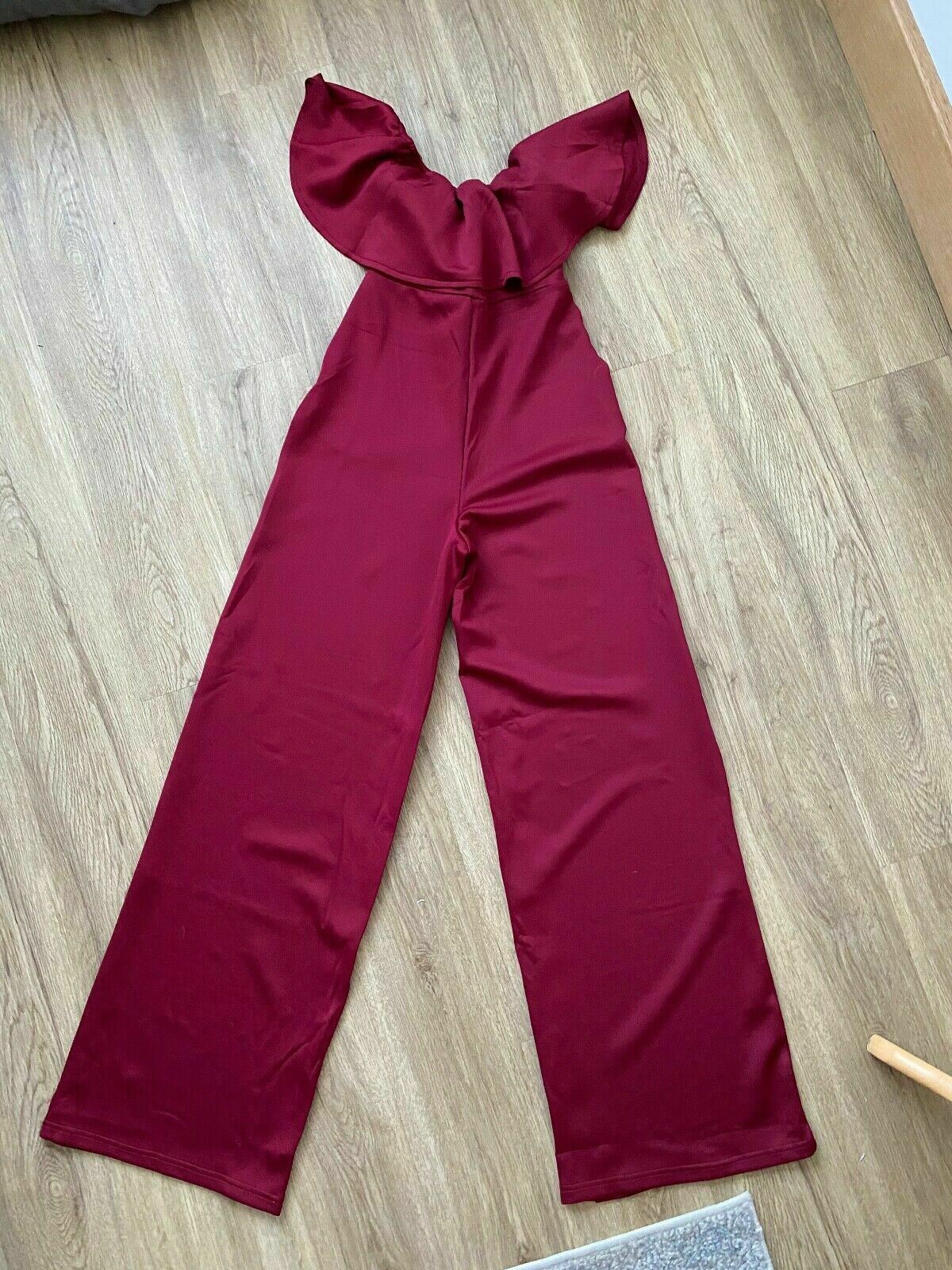 ROMWE Off the shoulder Jumpsuit Burgundy Frill Size S 8 UK Wide Leg - Beagle Boutique Fashion Outlet