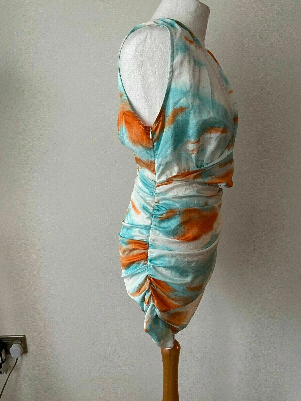 PrettyLittleThing Multi Tie Dye Satin Plunge Wrap Ruched Bodycon Dress Size 8