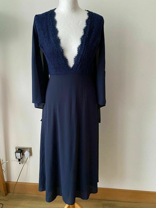 JOHN ZACK TALL Navy Blue Deep Plunge Lace Contrast Dress Size 8 Tall