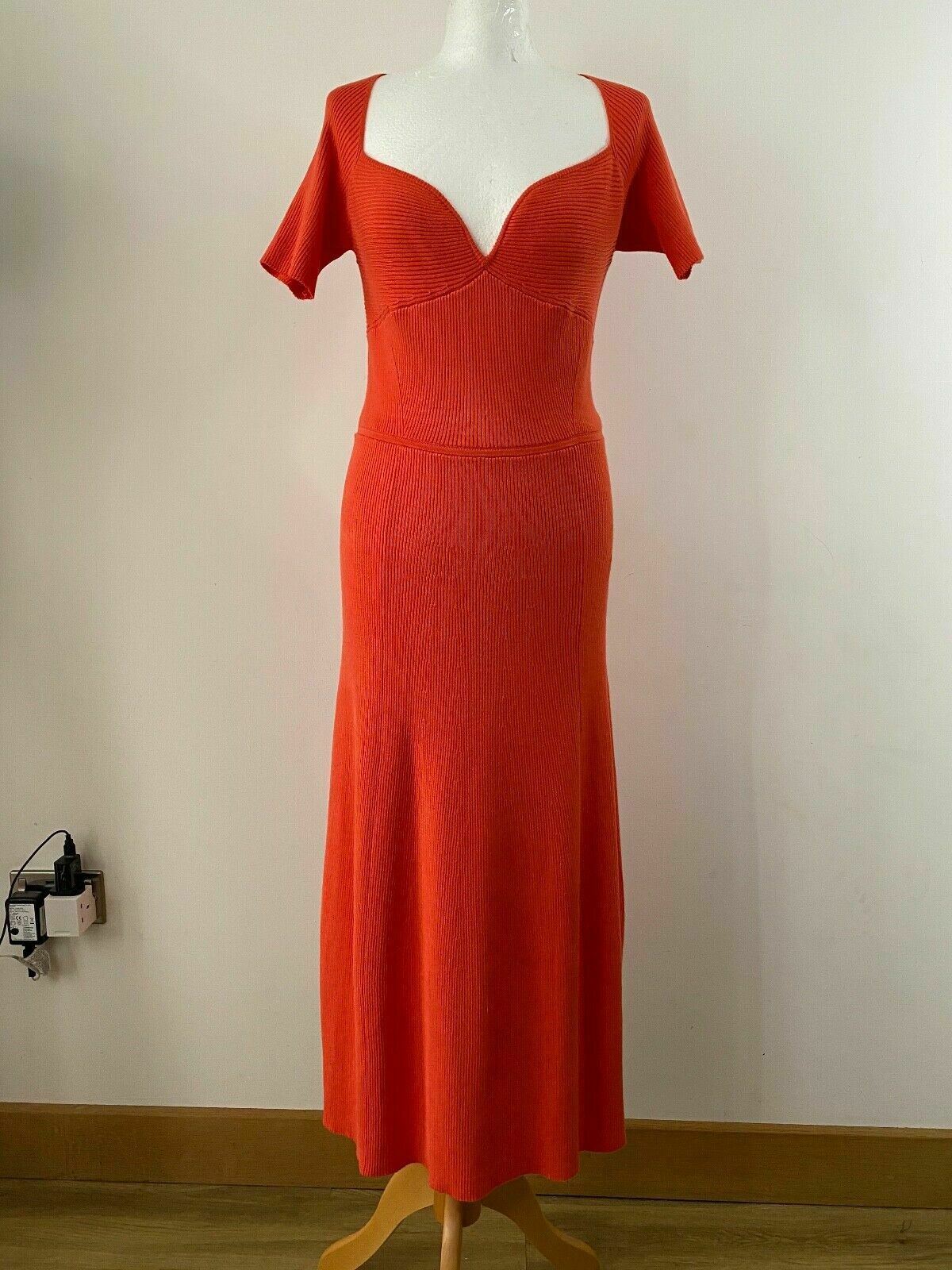 Ribbed Knit Orange Long Dress Size 10 Sweetheart Neck