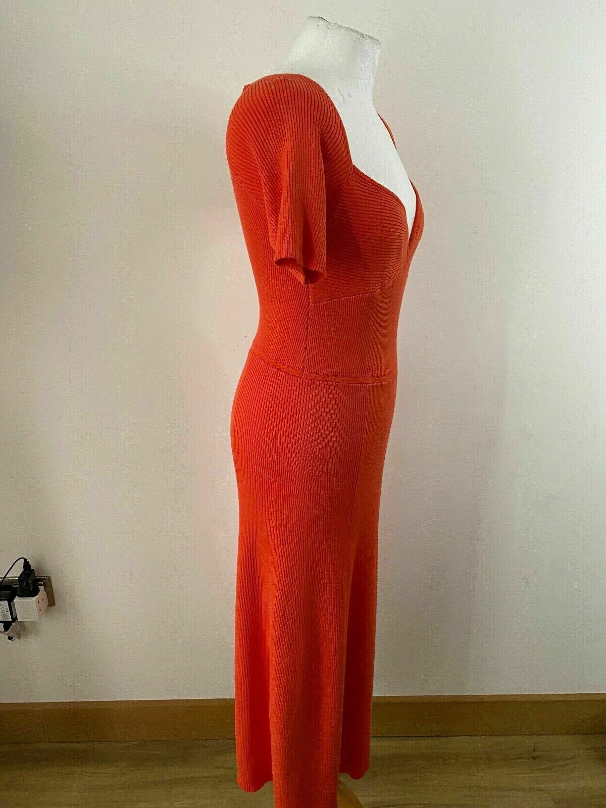 Ribbed Knit Orange Long Dress Size 10 Sweetheart Neck