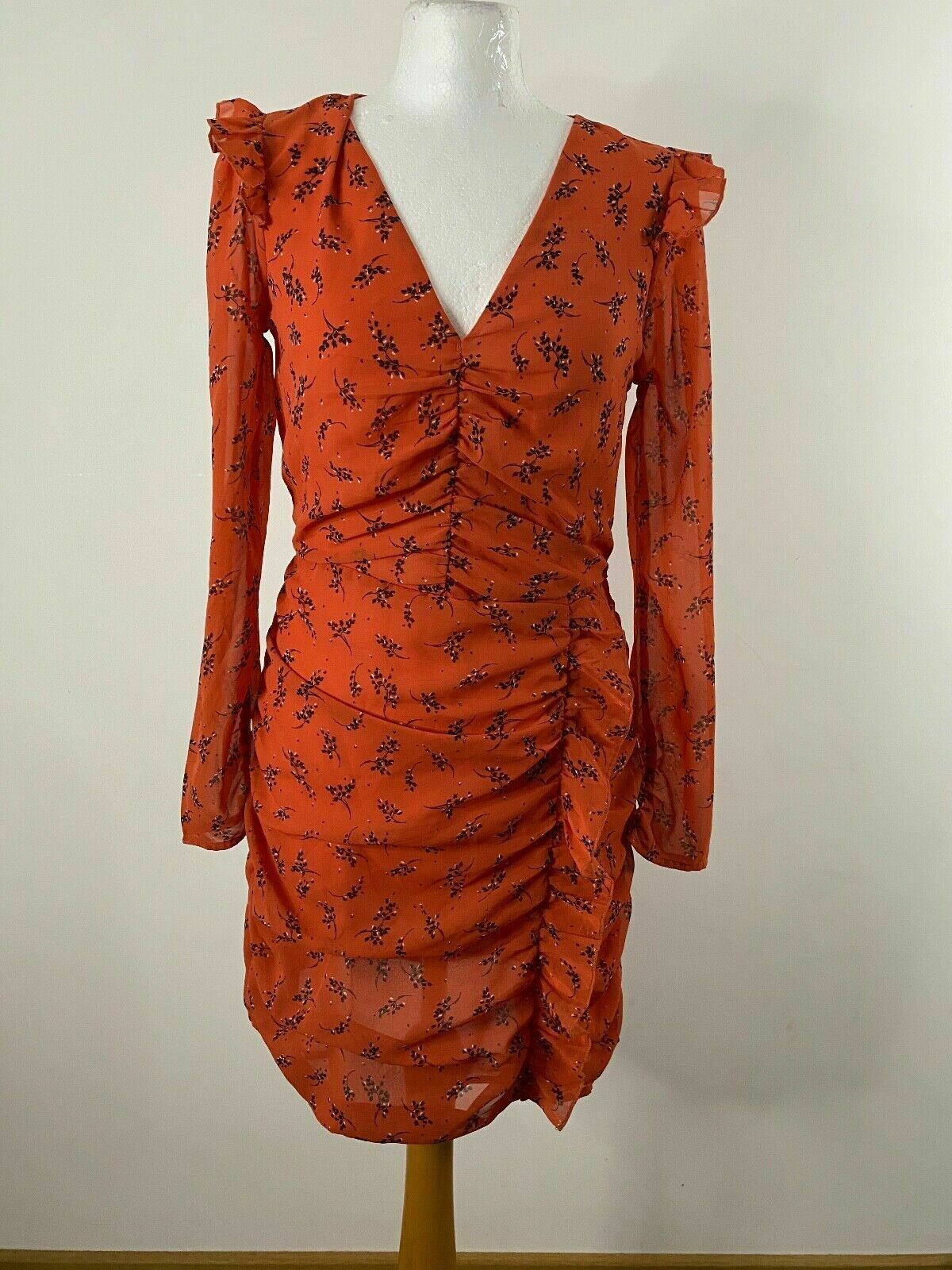River Island Mini Dress Ruched Burnt Orange Print Size 10