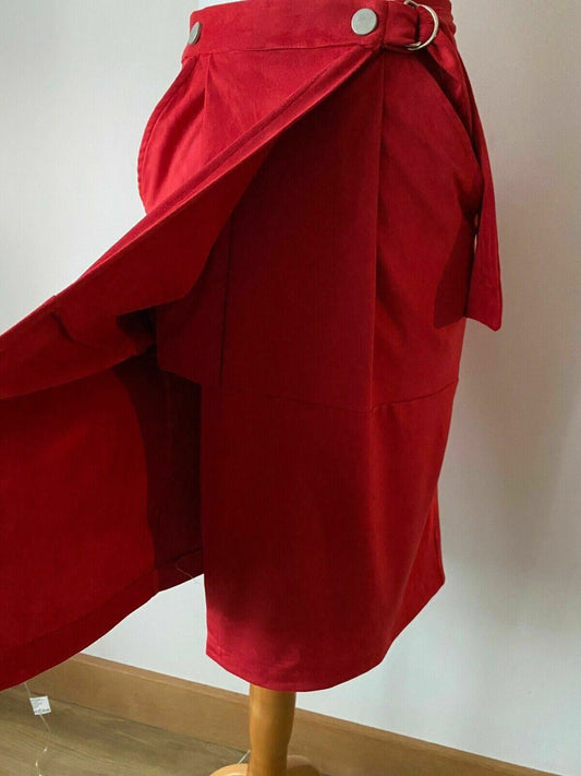 Red Suedette Wrap Midi Skirt Size 8