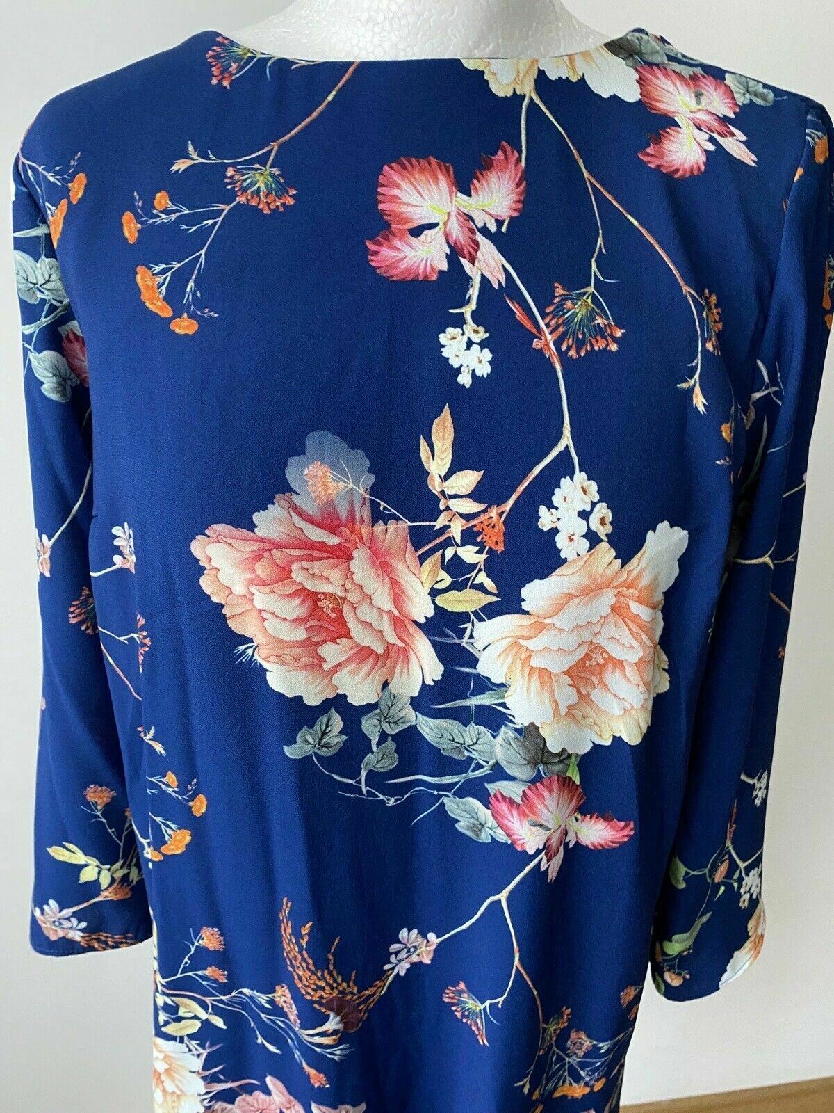 River Island Navy Blue Floral Long Sleeve Dress Size 10 Neck Hollow Bow Tie Back