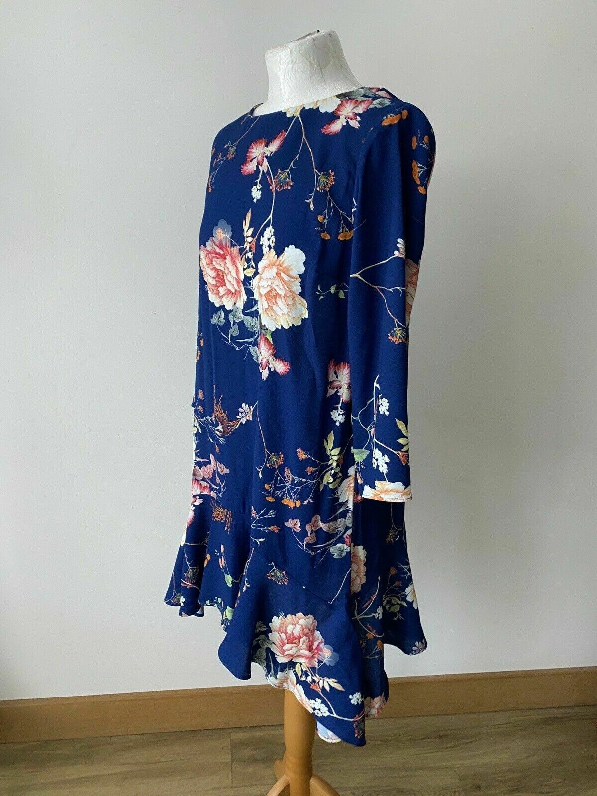 River Island Navy Blue Floral Long Sleeve Dress Size 10 Neck Hollow Bow Tie Back