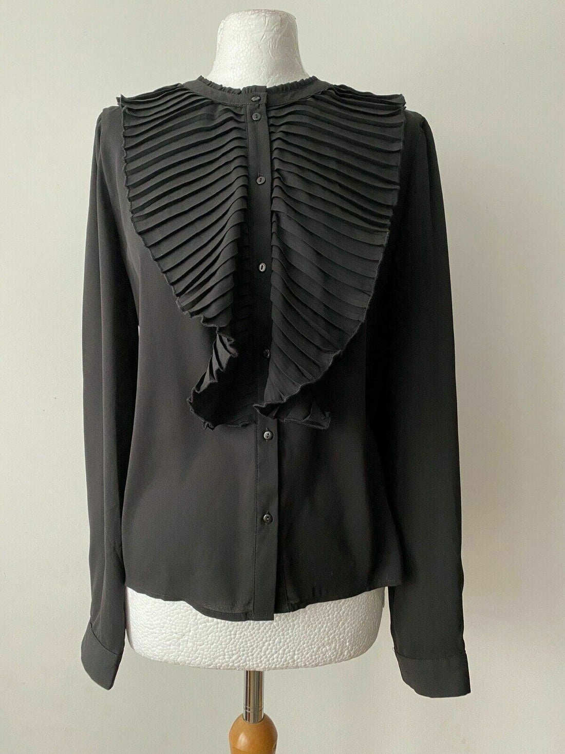 ONLY Pleat Flounce Black Shirt Size 12 Collarless RRP £38 - BB Fashion Outlet