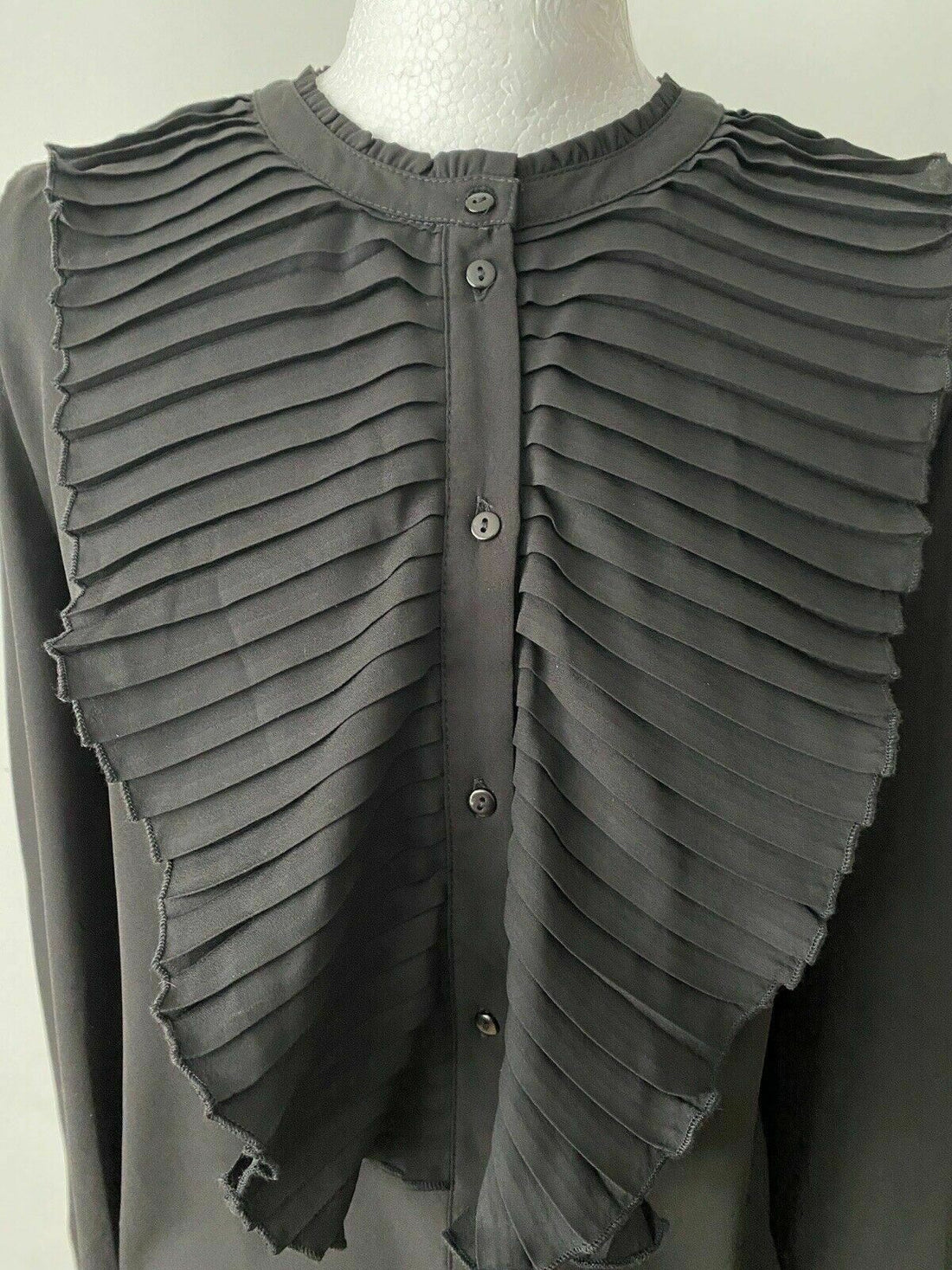 ONLY Pleat Flounce Black Shirt Size 12 Collarless RRP £38 - BB Fashion Outlet