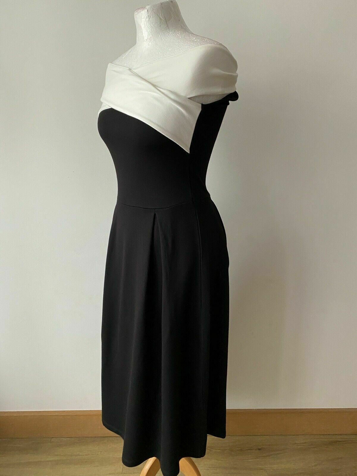 Anna Field Black Fit & Flare Dress Size 8 White Bardot off the shoulder