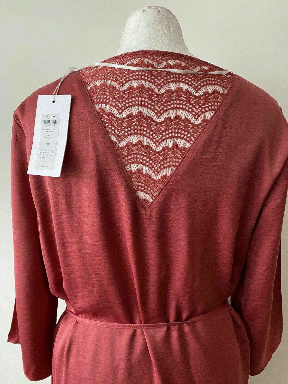 VILA Earth Red Dress 3/4 Sleeve Size 10 / 38 Tie Waist Lace Back - Beagle Boutique Fashion Outlet