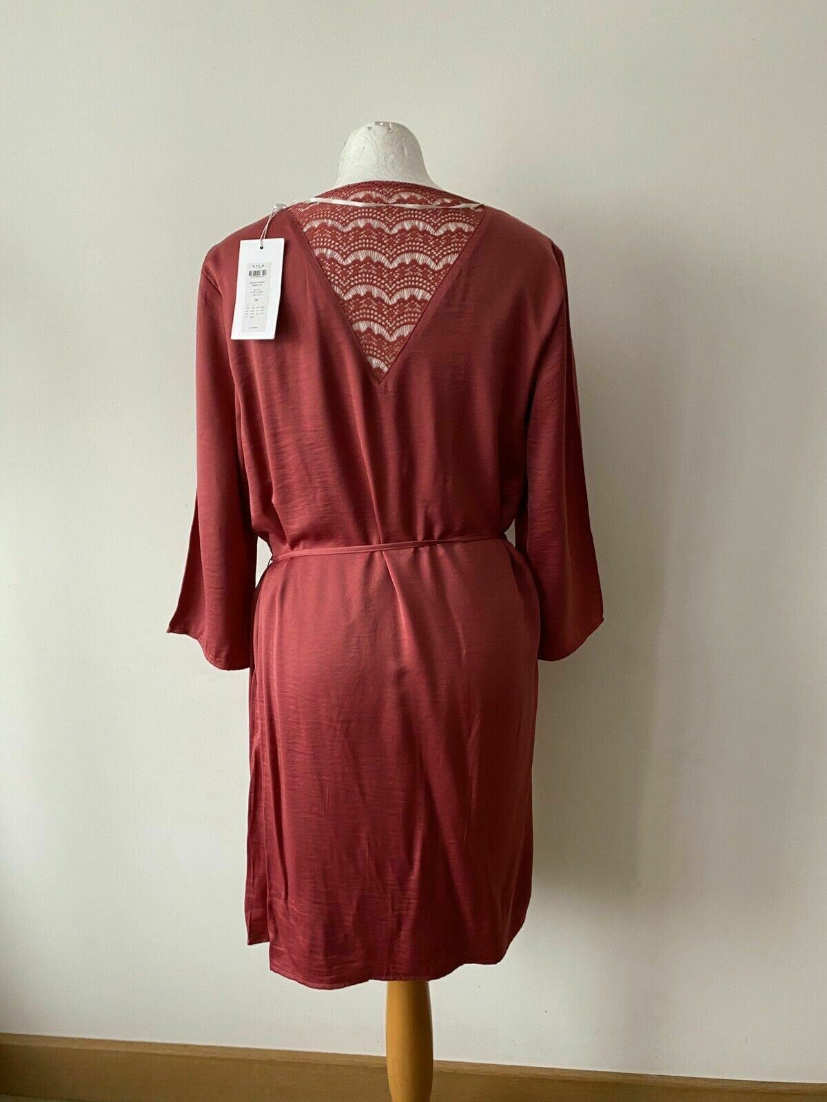 VILA Earth Red Dress 3/4 Sleeve Size 10 / 38 Tie Waist Lace Back - Beagle Boutique Fashion Outlet