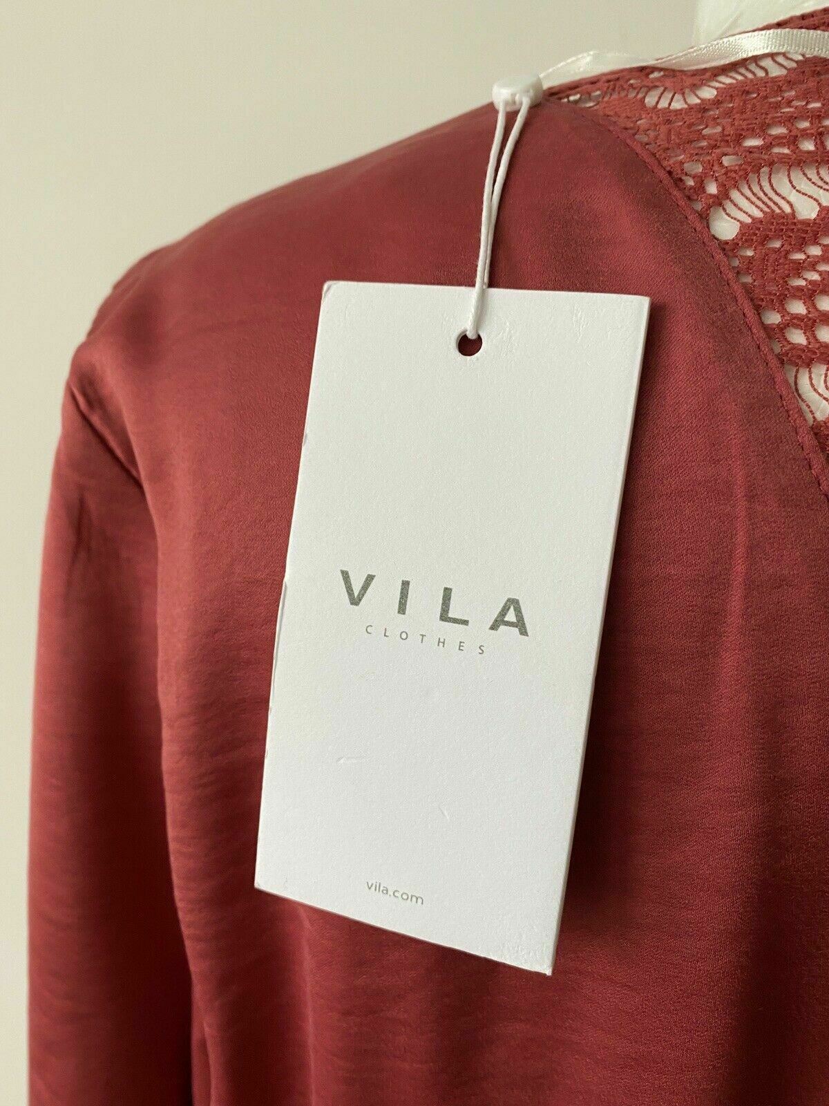 VILA Earth Red Dress 3/4 Sleeve Size 10 / 38 Tie Waist Lace Back