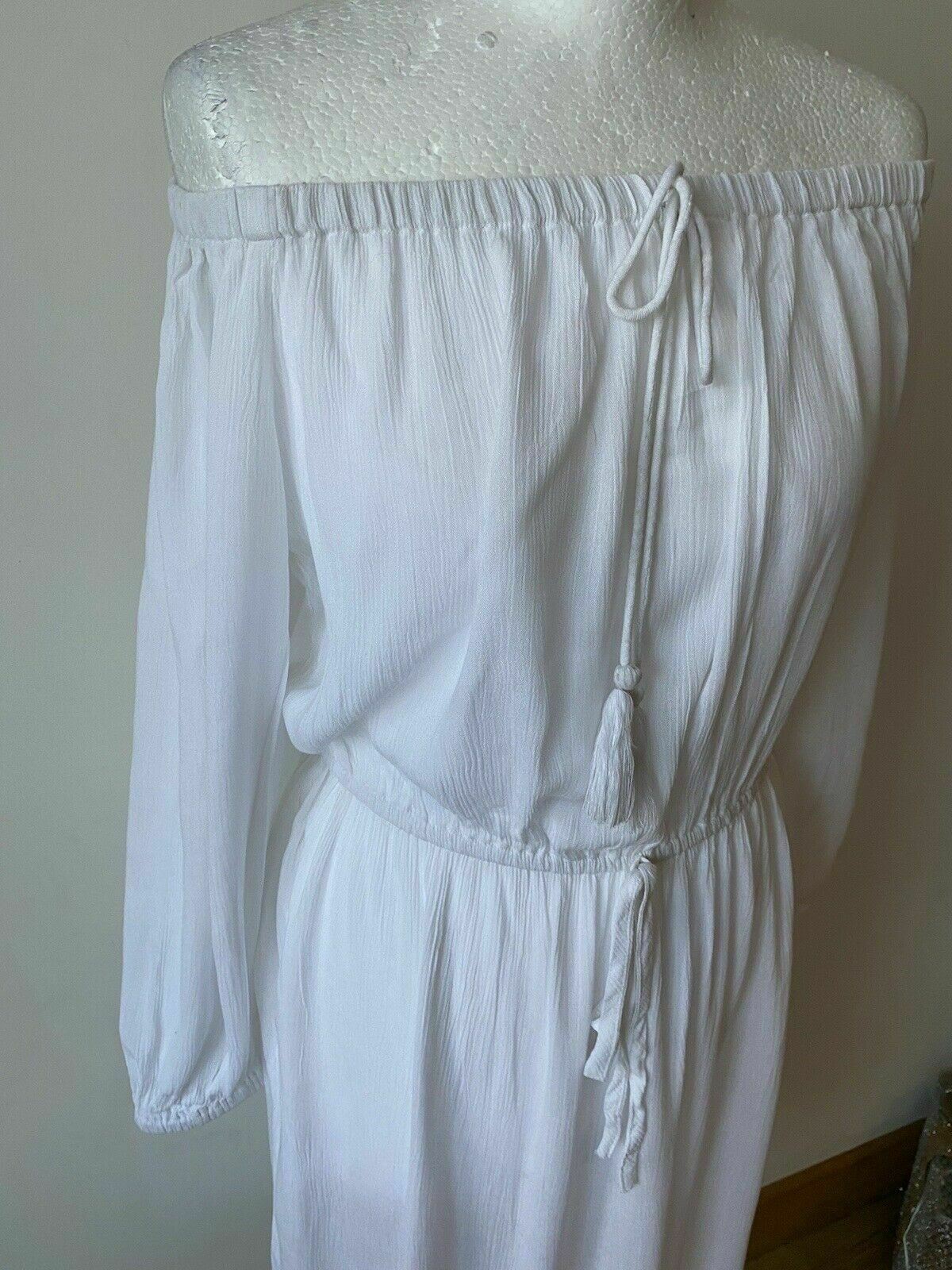 White Crepe Off The Shoulder Dress Size 10 Crinkled - Beagle Boutique Fashion Outlet
