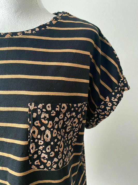 Tu Contrast T-shirt Striped Front Animal Print Back Pocket Top Sizes 16 18