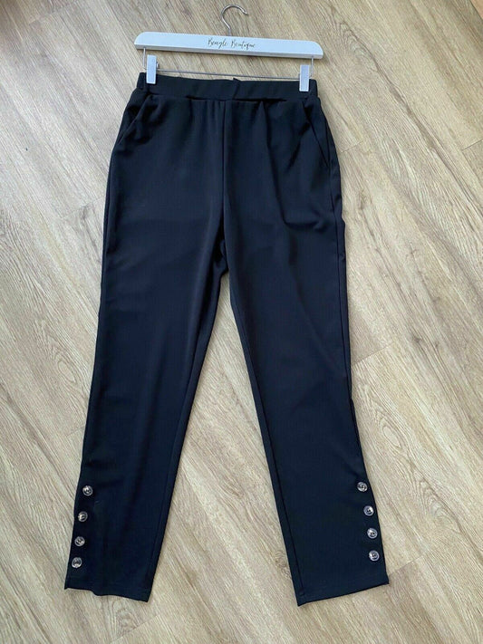 Shein Black Trouser Size S 8 Button Split Hem detail Elasticated Waist Cropped
