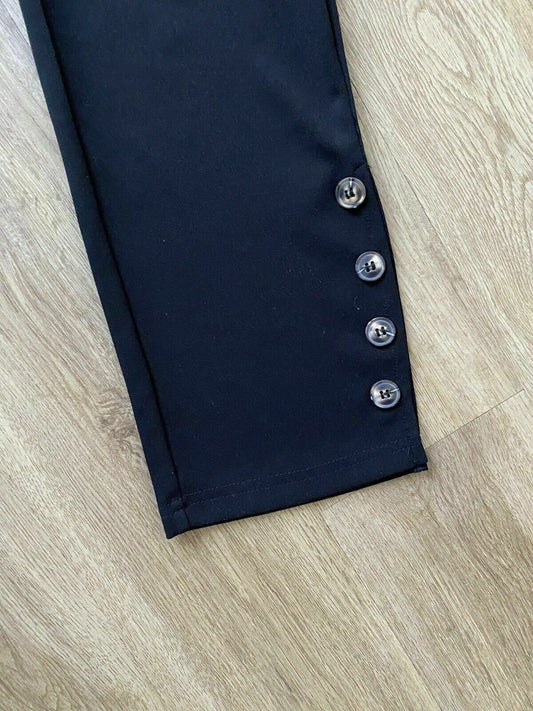Shein Black Trouser Size S 8 Button Split Hem detail Elasticated Waist Cropped
