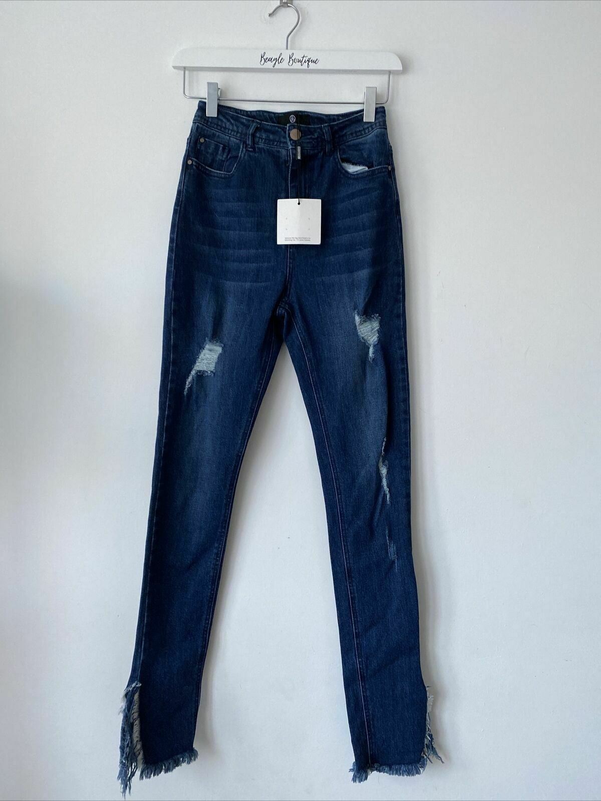 Missguided SINNER High Waisted Ripped Skinny Blue Jeans Size 8L W26 Frayed Hems
