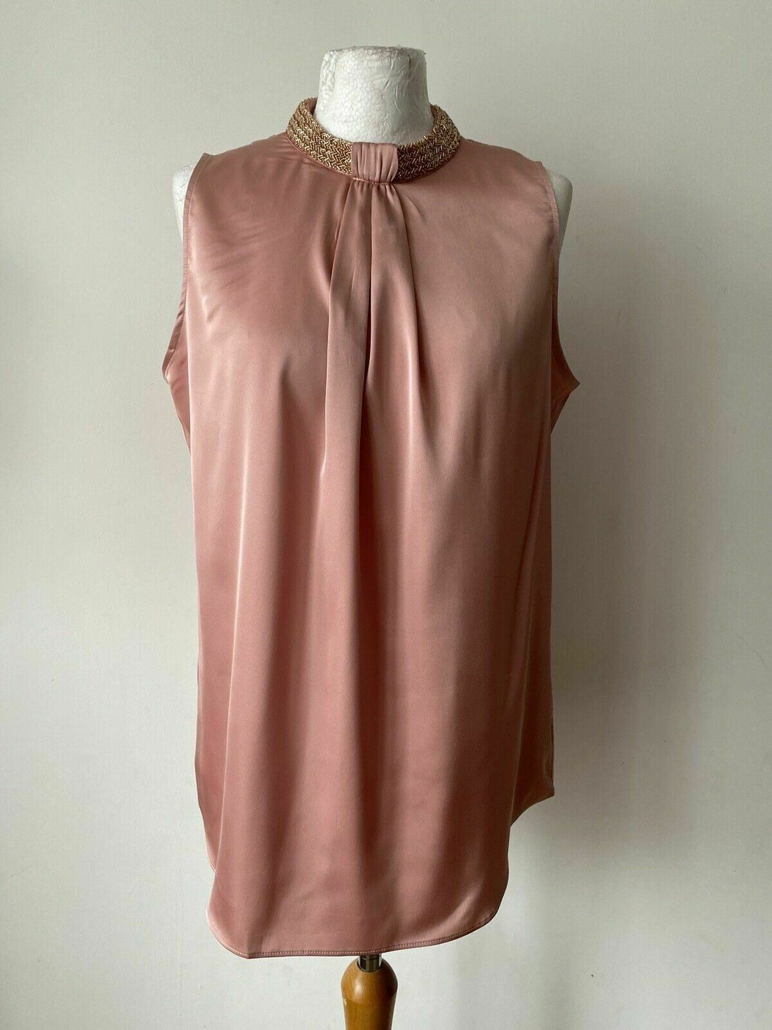 Anna Field Pink Sleeveless Blouse Beaded Neckline Size 12 Pleated Neck - BB Fashion Outlet