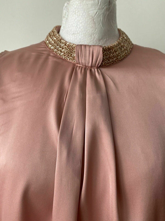 Anna Field Pink Sleeveless Blouse Beaded Neckline Size 12 Pleated Neck