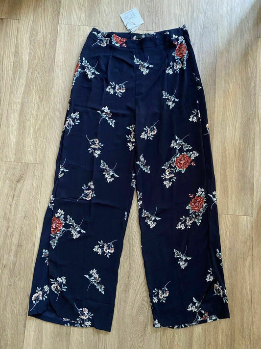 Missguided Dark Blue Floral Wide Leg Trousers Size 12