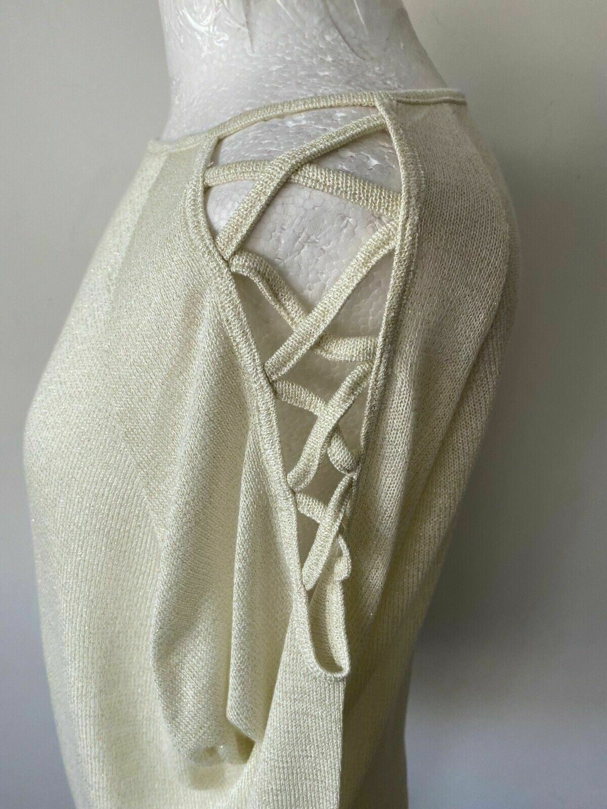 Avon Gold Metallic Knit Top Criss Cross Cold Shoulder Size 10 - 12 RRP £20