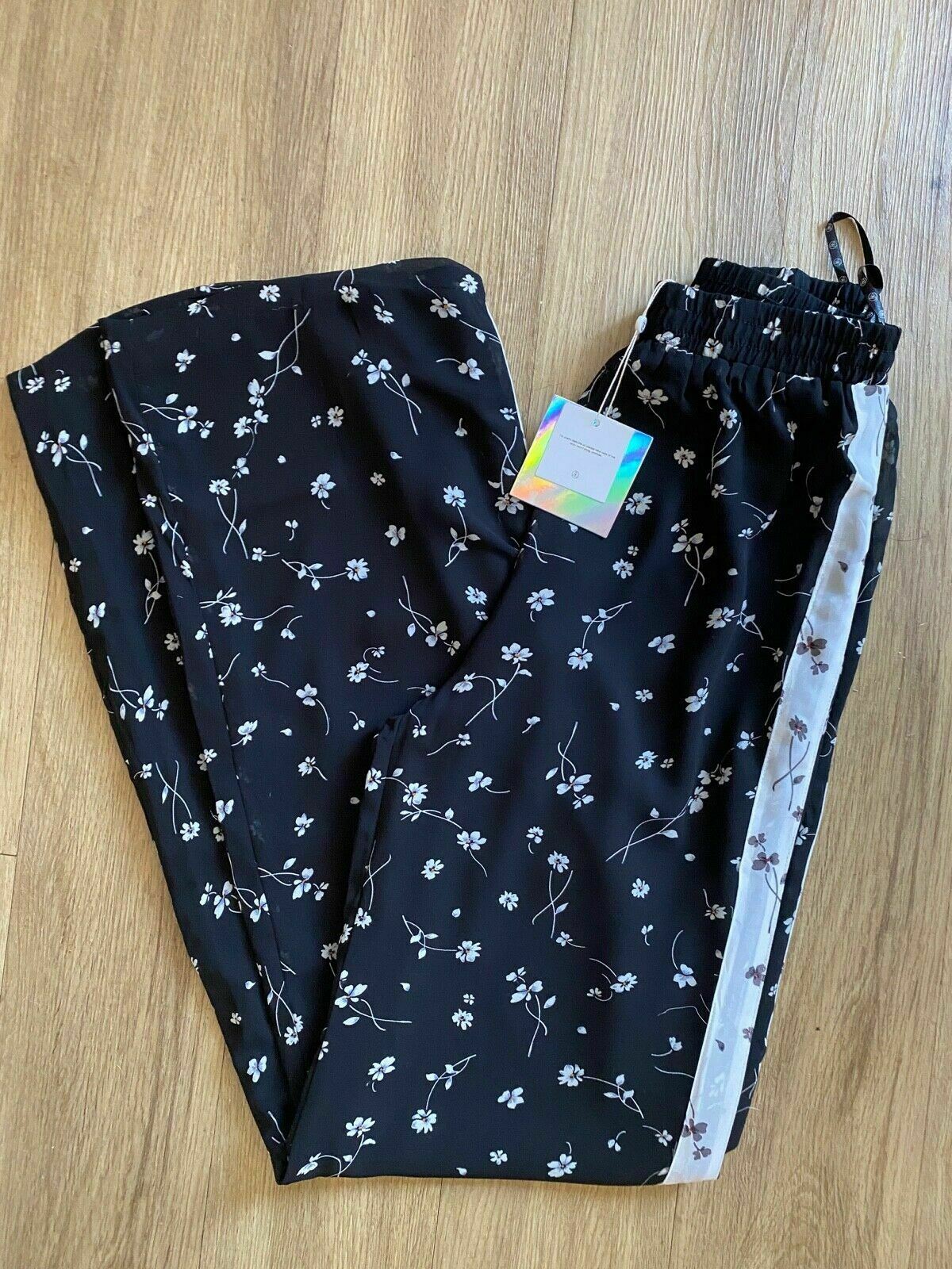 Missguided Tall Wide Leg Floral Trouser Size 8 Chiffon Layered Black White