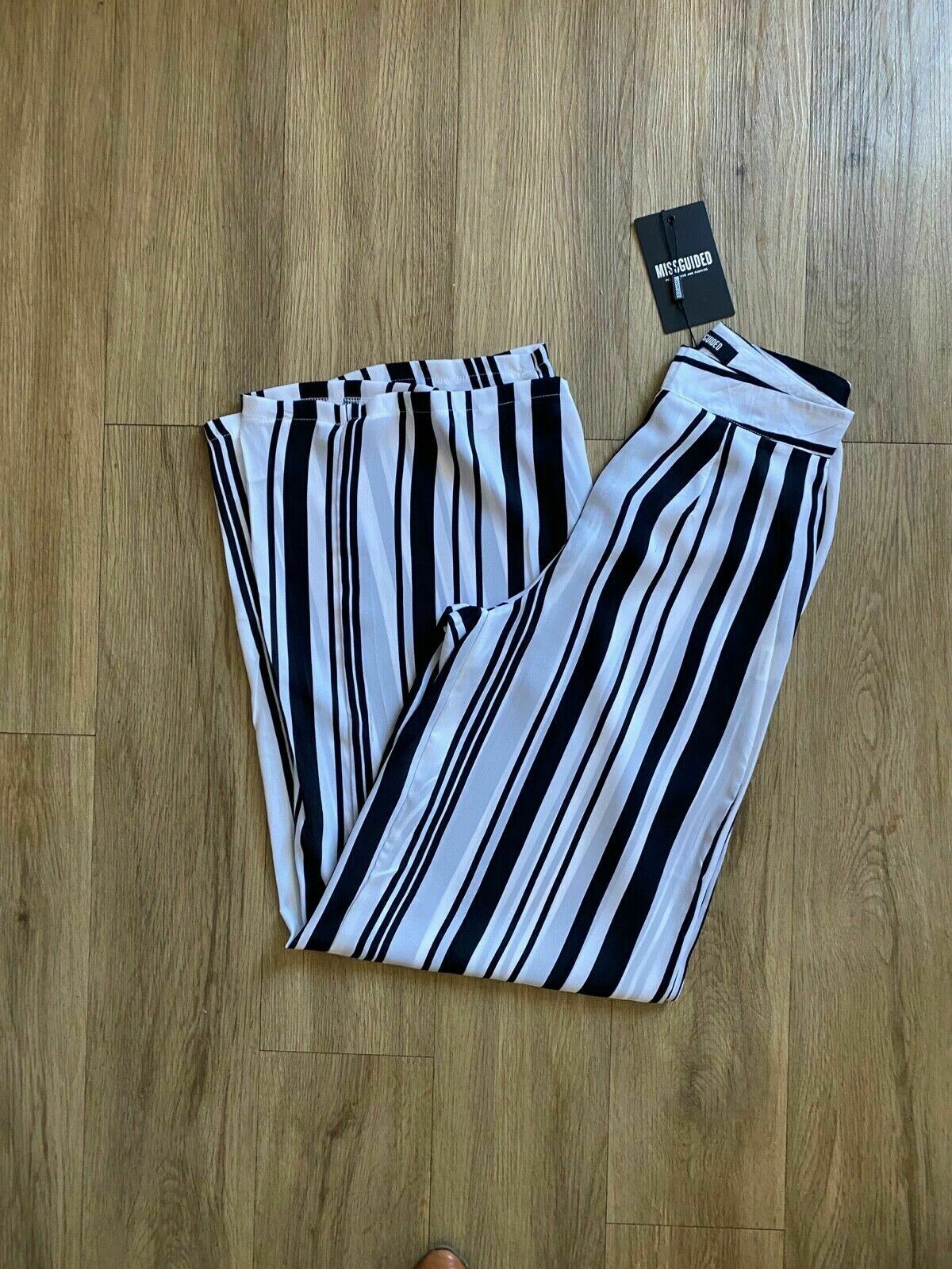 Missguided Monochrome Stripe Wide Leg Trousers Size 4 Black and White Semi-sheer