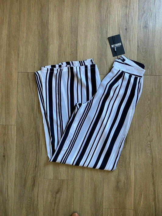 Missguided Monochrome Stripe Wide Leg Trousers Size 4 Black and White Semi-sheer