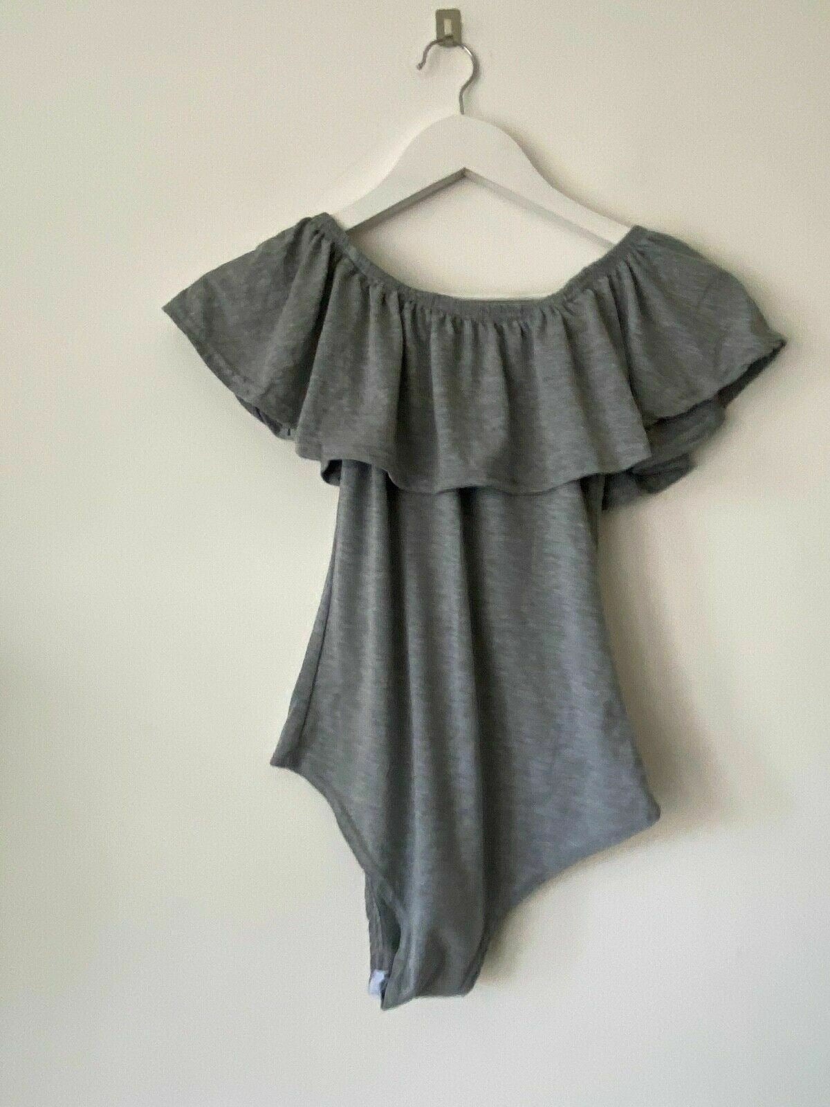 Catch-Mee Grey Bardot Frill Bodysuit Size S / M 6 - 8 Top - BB Fashion Outlet