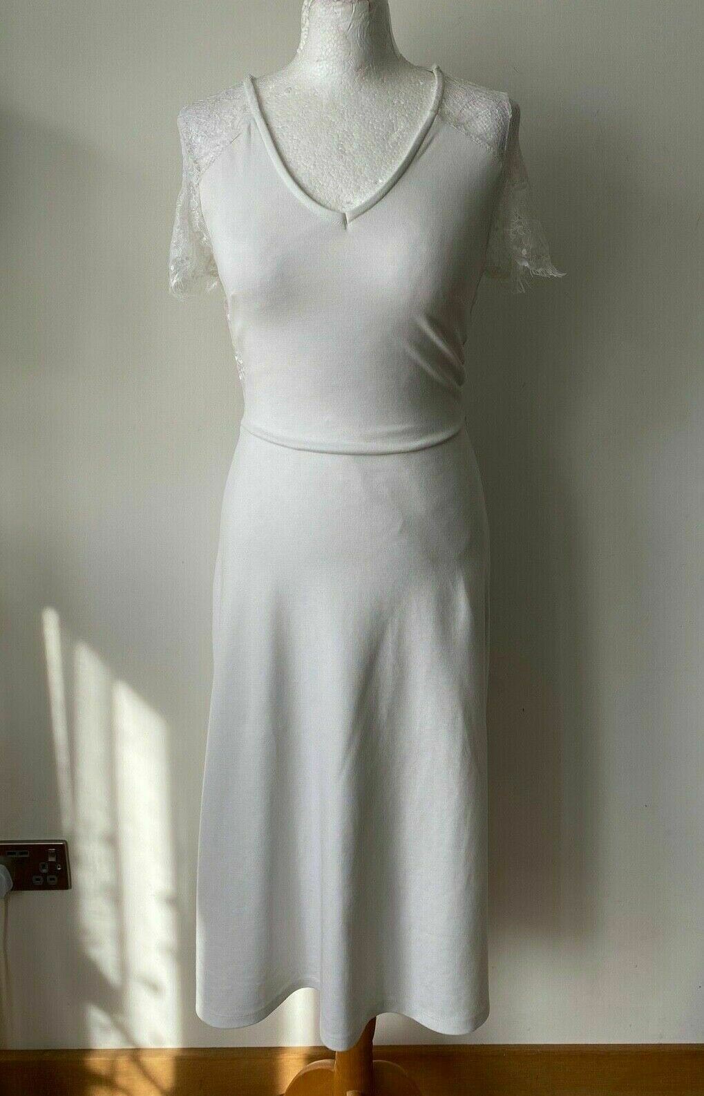 Anna Field White Fit & Flare Midi Dress Lace Shoulder Neck Size 6 - Beagle Boutique Fashion Outlet