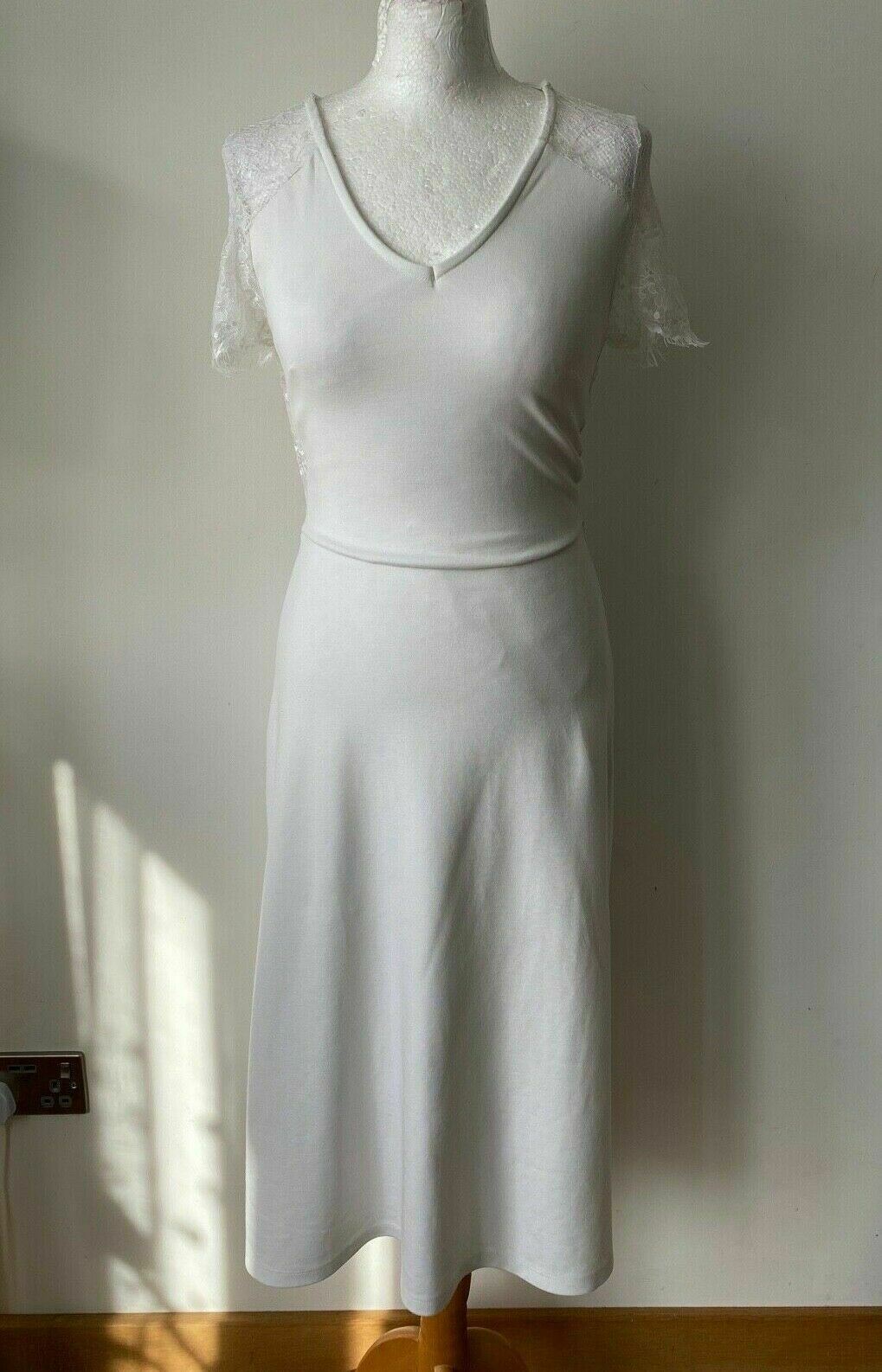 Anna Field White Fit & Flare Midi Dress Lace Shoulder Neck Size 6