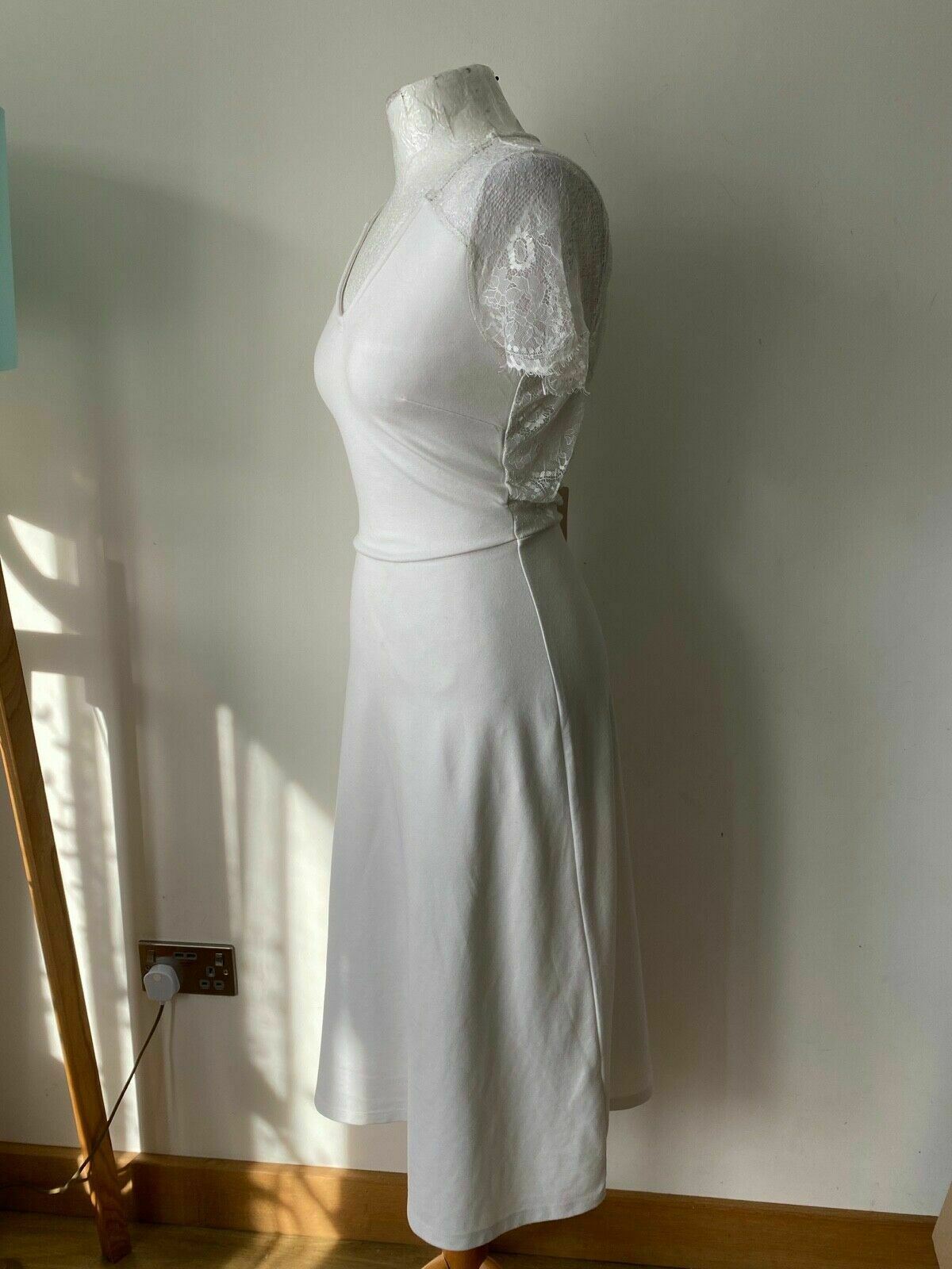 Anna Field White Fit & Flare Midi Dress Lace Shoulder Neck Size 6 - Beagle Boutique Fashion Outlet