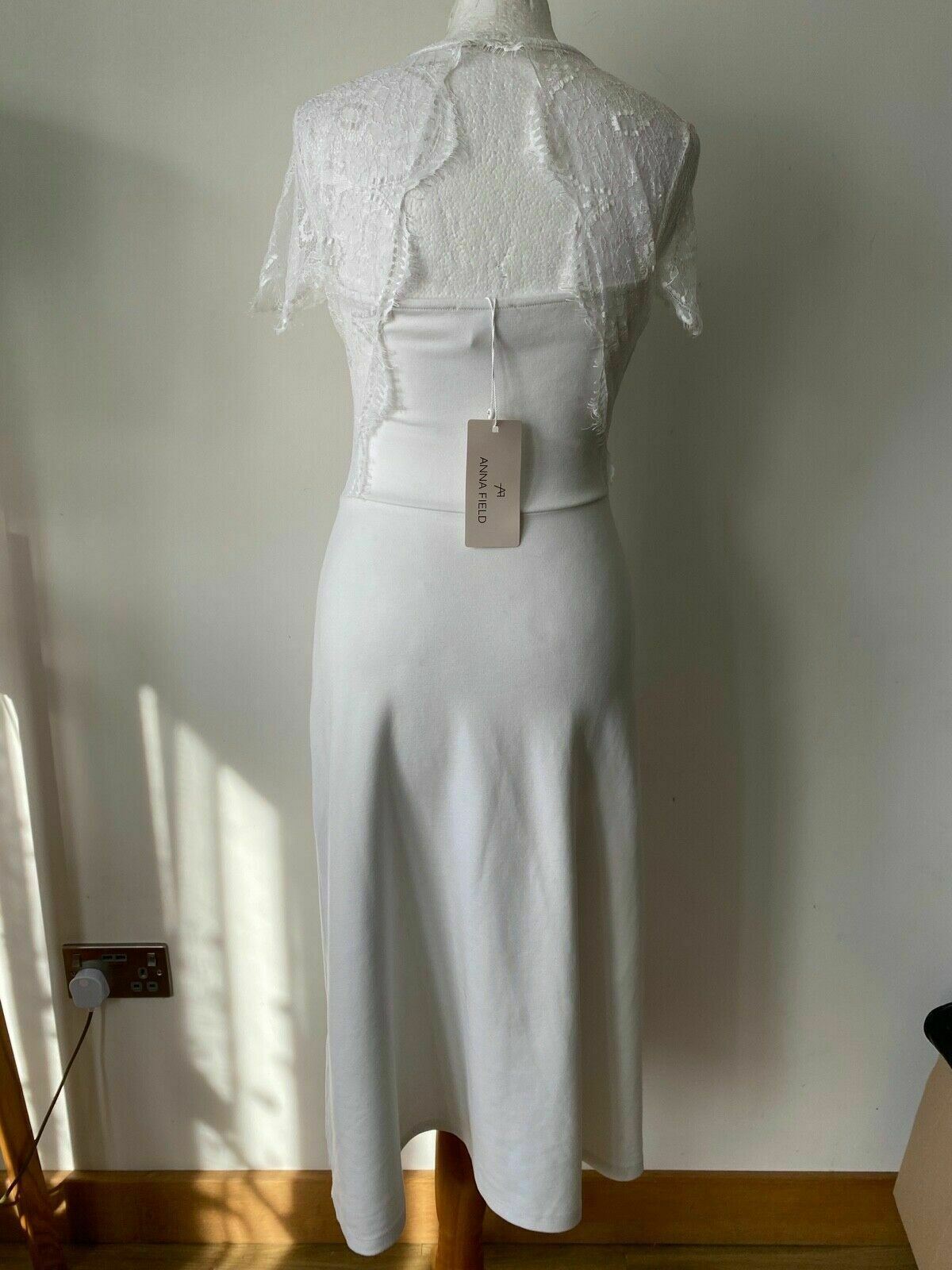 Anna Field White Fit & Flare Midi Dress Lace Shoulder Neck Size 6 - Beagle Boutique Fashion Outlet