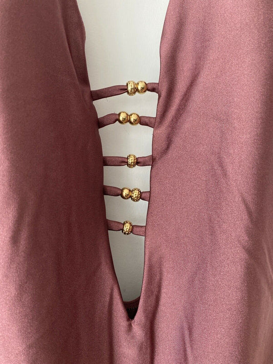 Next Berry Deep Plunge Halter-neck Swimsuit Gold Beads Detail 16, 18, 22 UK