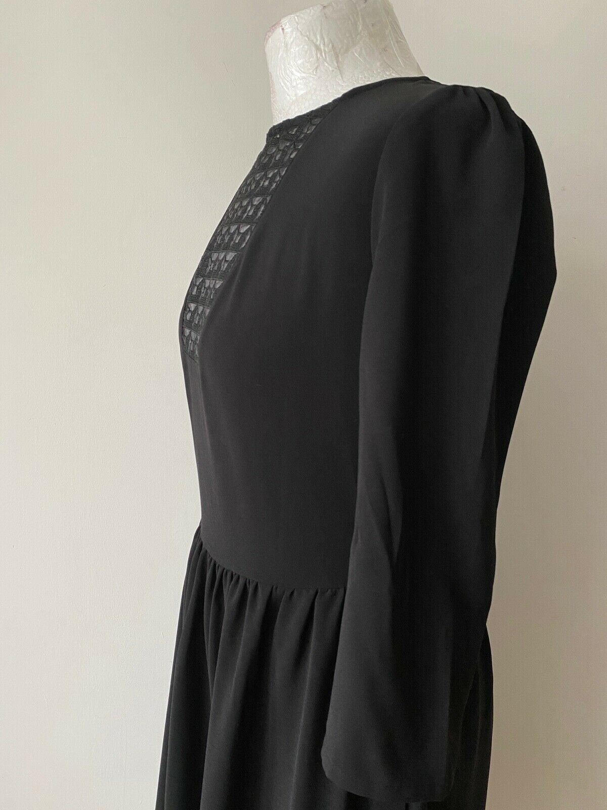 Mademoiselle R Black Midi Fit & Flare Dress Size 10 Embroidered Neck Panel