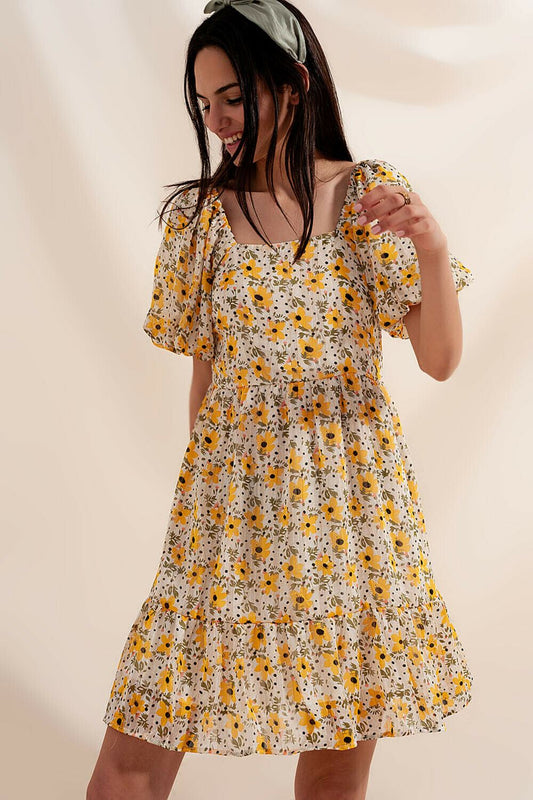 Q2 Puff sleeve smock dress in Yellow Sizes 10 & 12 Cottagecore