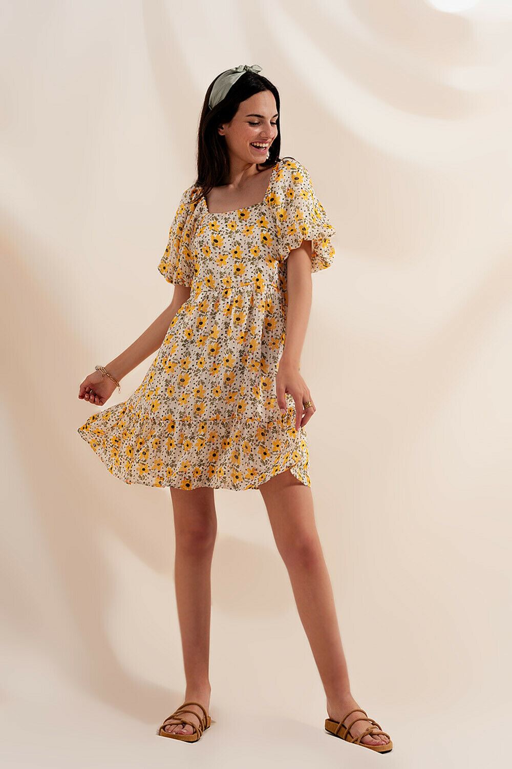 Q2 Puff sleeve smock dress in Yellow Sizes 10 & 12 Cottagecore - BB Fashion Outlet