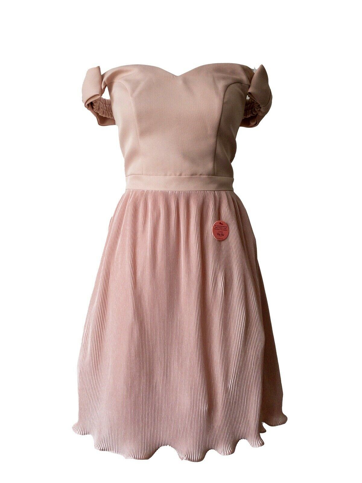 Chi Chi Liane Bow Detail Bardot Dress in Pink RRP £68 Micro-Pleat Skirt