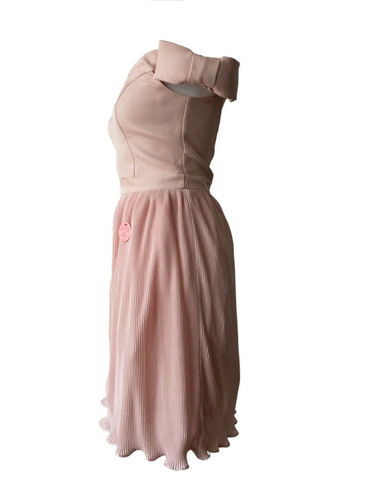 Chi Chi Liane Bow Detail Bardot Dress in Pink RRP £68 Micro-Pleat Skirt