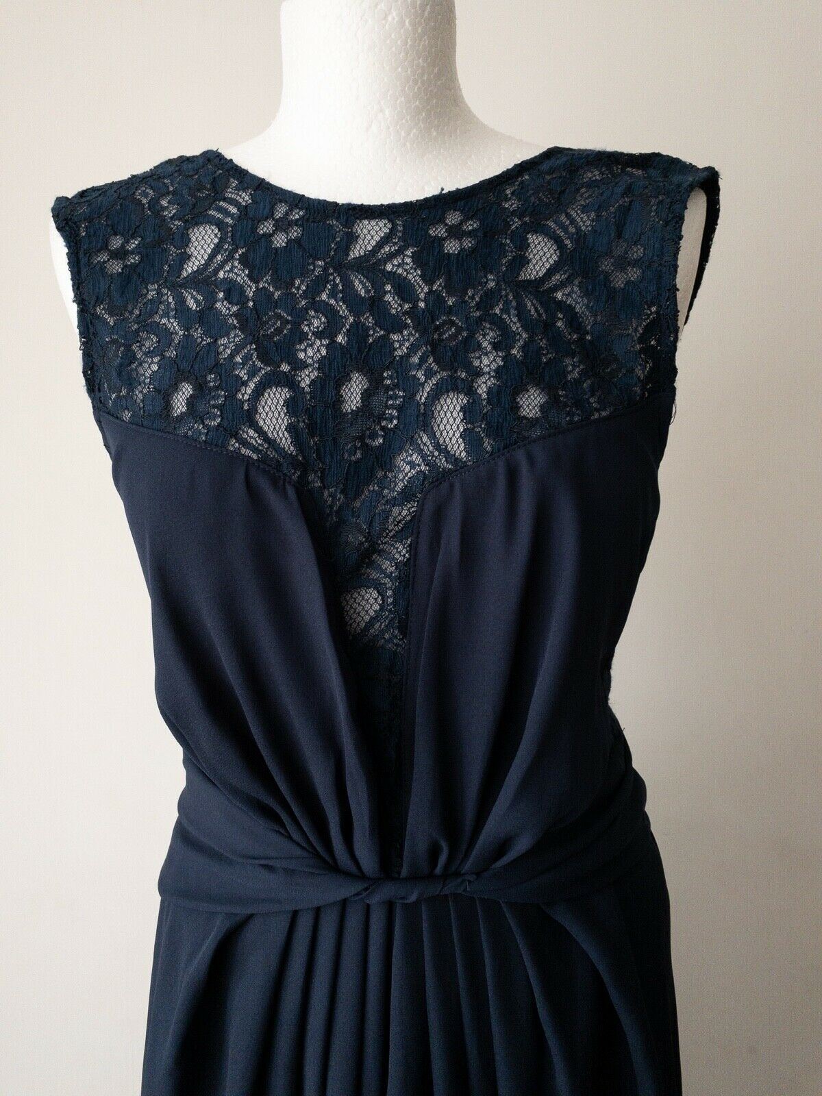 WOW Couture Navy Lace Detail Long Evening Dress Size S 8 bouffant Back Skirt