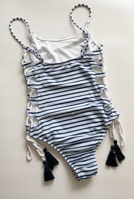 Runaway The Label Nautical Swimsuit Striped Blue Roped Cut Out Sides 6, 8, 10 UK