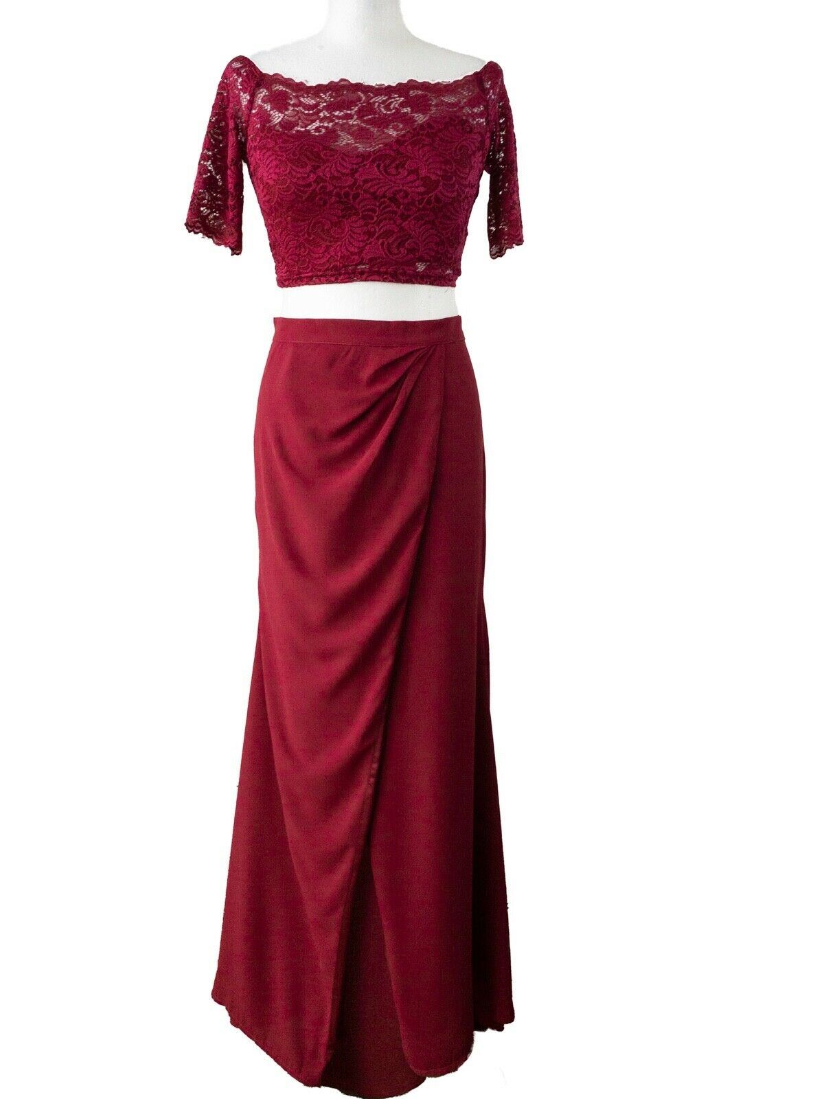 Miss Holly 2-piece Skirt and Lace Crop Top Burgundy Sizes