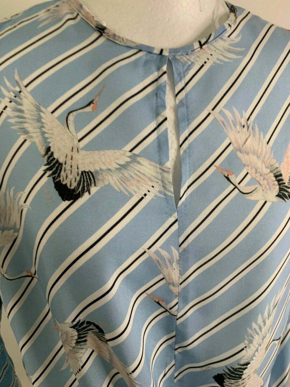 New Look Blue Striped Tie Front Blouse Size 10 Stork / Heron Flared Sleeve