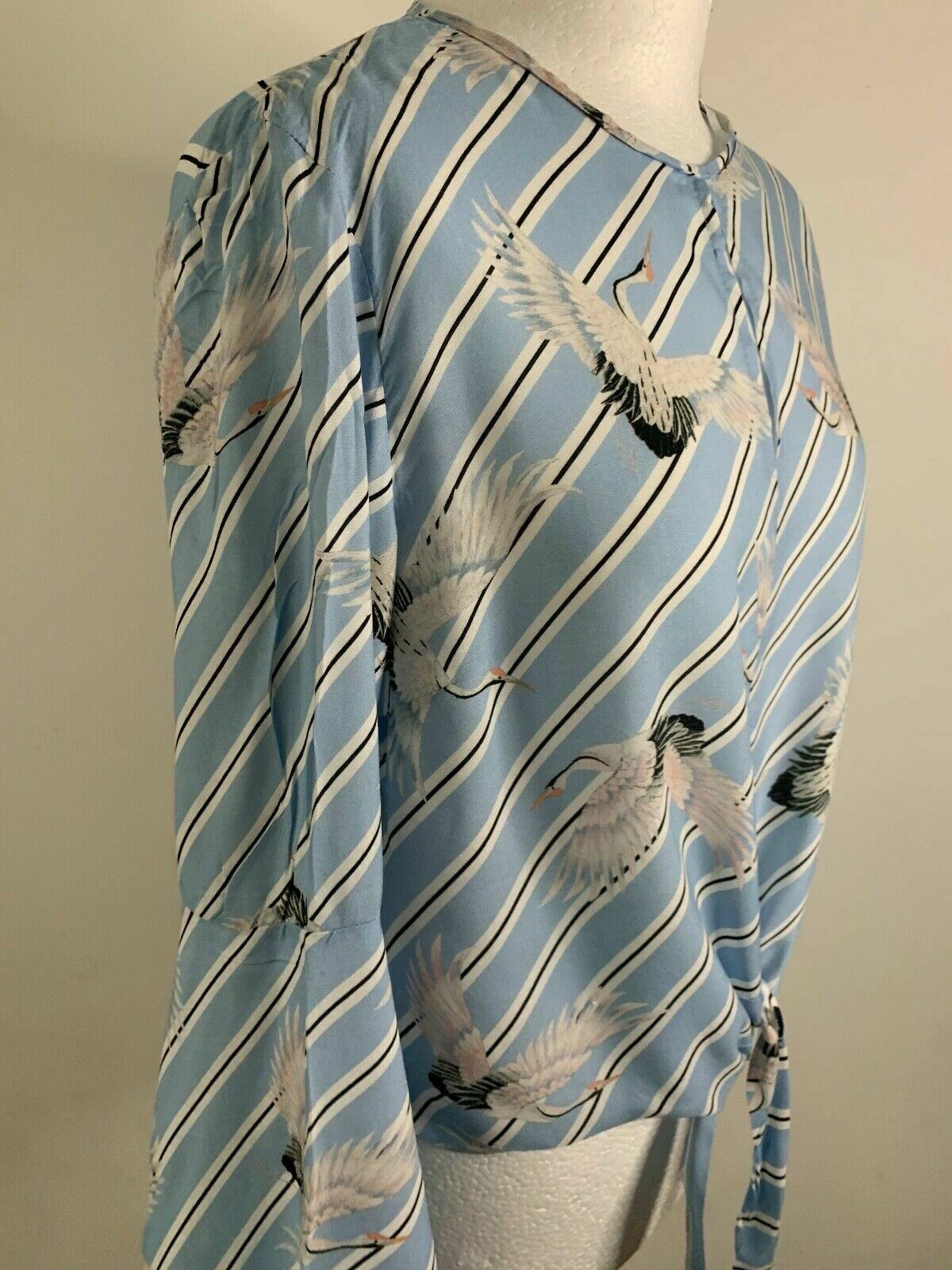New Look Blue Striped Tie Front Blouse Size 10 Stork / Heron Flared Sleeve