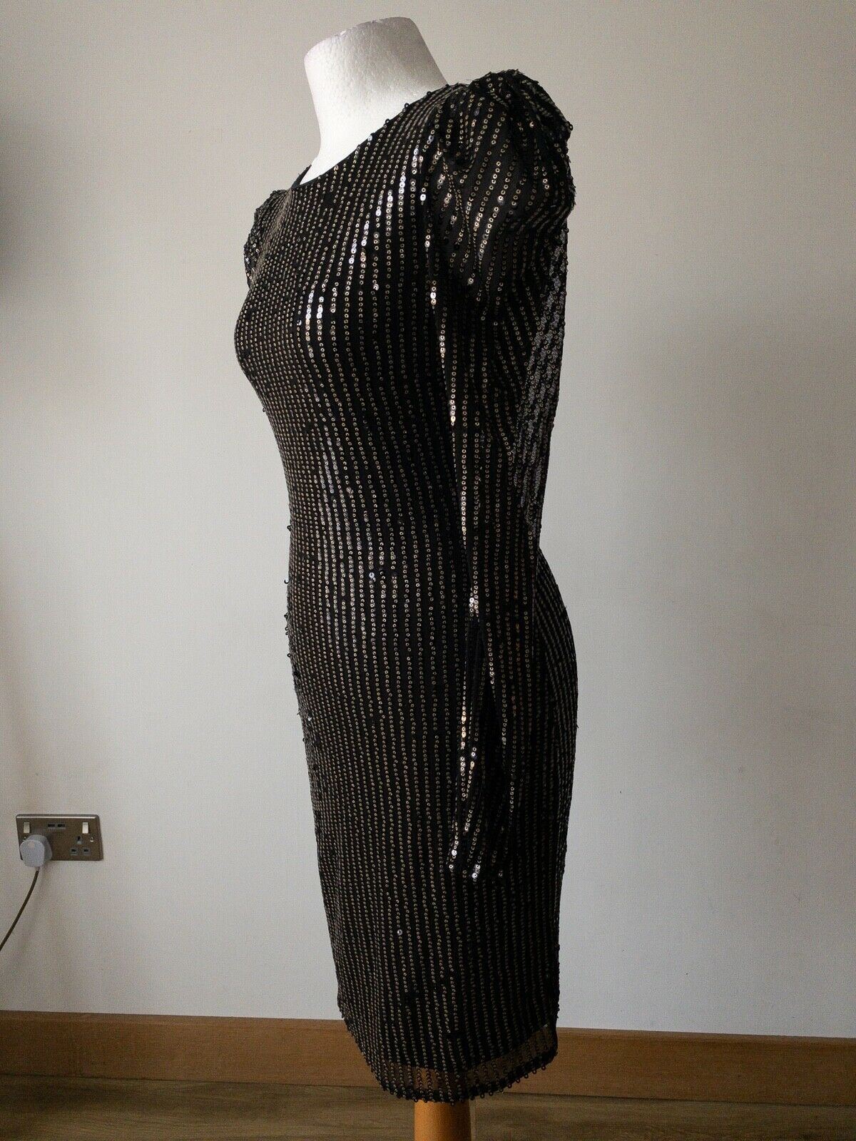Sequinned Layered Shift Dress Black with Gold Sequins Size 10 / 12