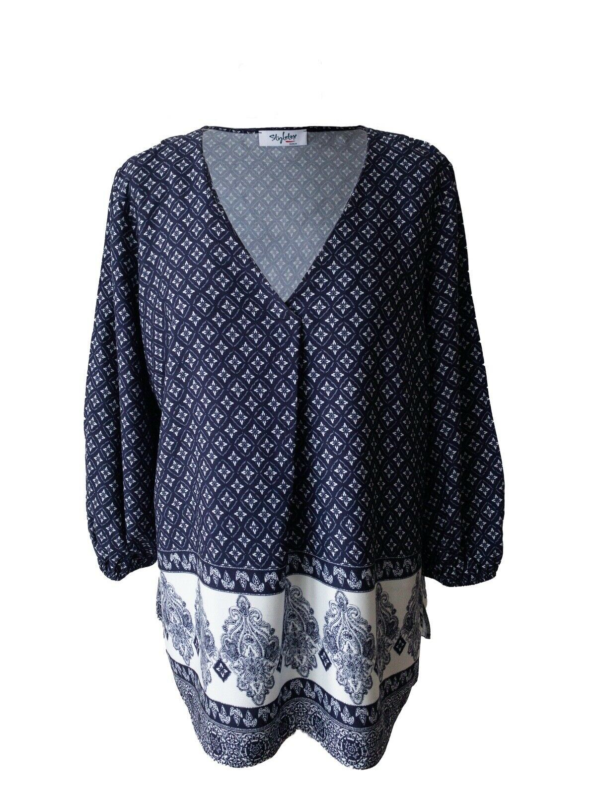 Dark Blue and White Paisley Print V-Neck Top Size M Pit to Pit 22" - Beagle Boutique Fashion Outlet