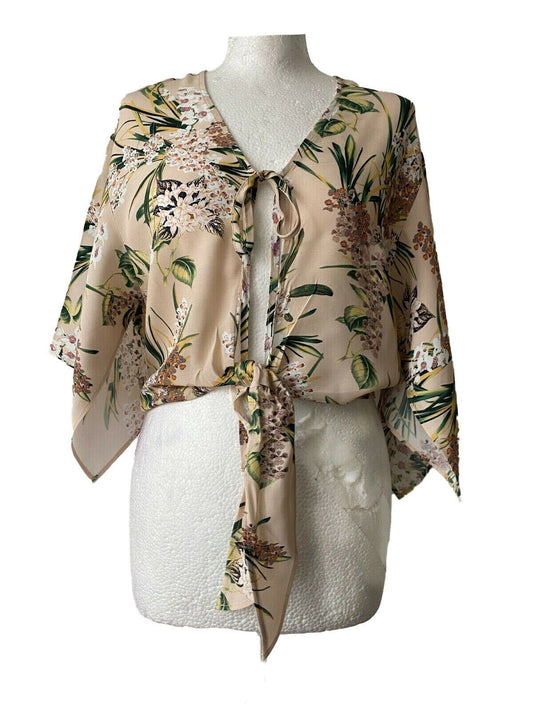 River Island Botanical Print Front Tie Top Sizes 6, 8, 12 Kimono Sleeve - Beagle Boutique Fashion Outlet