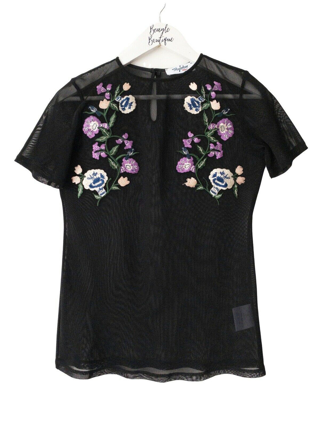 Sheer Mesh Top Embroidered Floral Size 10 - BB Fashion Outlet